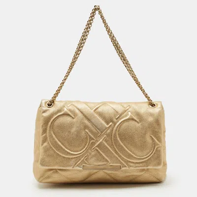 Pre-owned Carolina Herrera Gold Embossed Leather Metal Flap Shoulder Bag