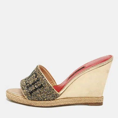 Carolina Herrera Gold Glitter And Leather Logo Wedge Sandals In Multi