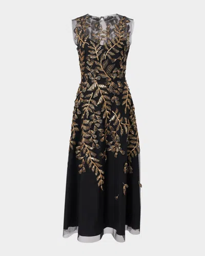 Carolina Herrera Gold Leaf-embroidered Tulle Sleeveless Midi Dress In Black