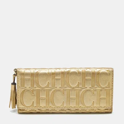 Pre-owned Carolina Herrera Gold Monogram Embossed Leather Trifold Wallet