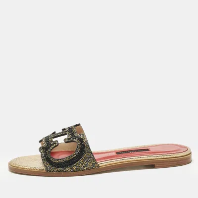 Pre-owned Carolina Herrera Gold/black Leather Initials Insignia Crystals Flat Slides Size 39