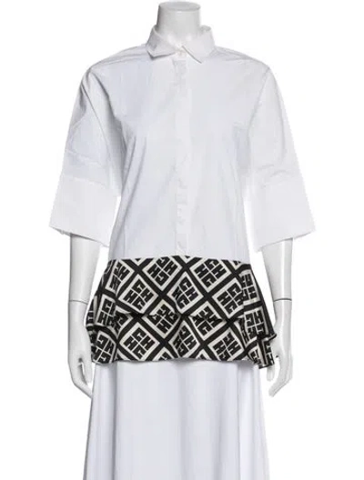 Pre-owned Carolina Herrera Graphic Print Three-quarter Sleeve Button-up Top In White