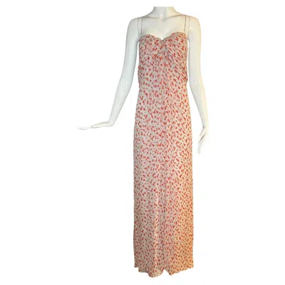 Pre-owned Carolina Herrera Gray & Coral Polka Dot Silk Evening Gown, Size 14 In Red