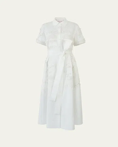 Carolina Herrera Grecian Embroidered Short-sleeve Midi Shirtdress With Belt In White