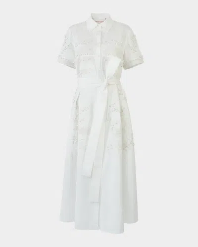 Carolina Herrera Grecian Embroidered Short-sleeve Midi Shirtdress With Belt In White