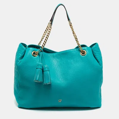 Pre-owned Carolina Herrera Green Monogram Embossed Leather Tassel Chain Tote