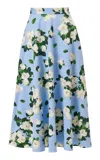 Carolina Herrera Half-circle Painted Rose Cotton Skirt In Blue