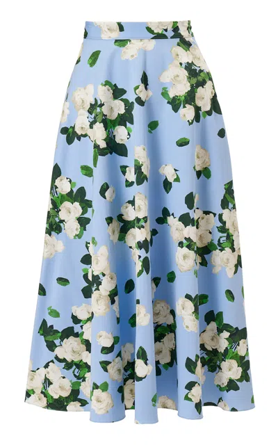Carolina Herrera Half-circle Painted Rose Cotton Skirt In Blue