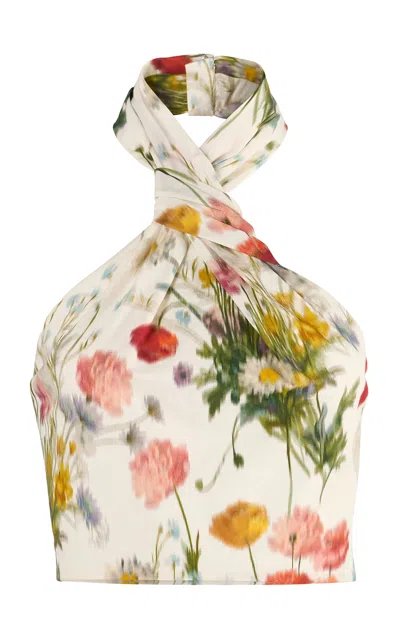 Carolina Herrera Halter Meadow Floral Cotton Top In White
