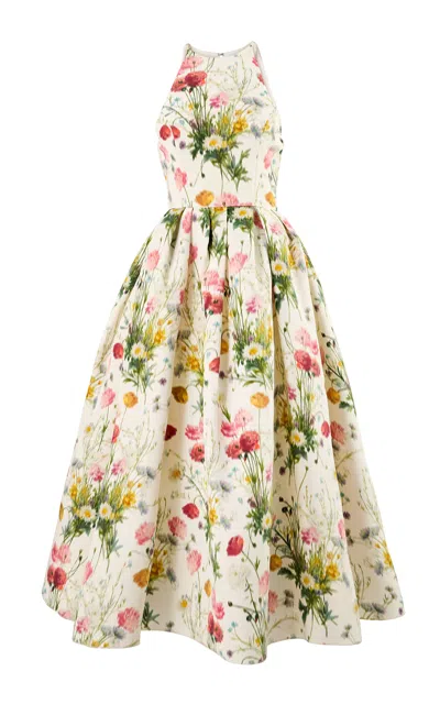 Carolina Herrera Halter Meadow Floral Silk Faille Midi Dress In White