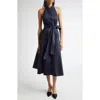 Carolina Herrera Halter Neck Belted Stretch Cotton Sateen Shirtdress In Midnight