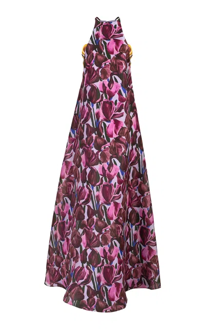 Carolina Herrera Halter Neck Iris Print Silk Gazar Gown In Purple