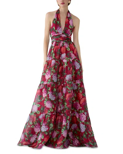 Carolina Herrera Halter Neck Tiered A Line Silk Gown In Red