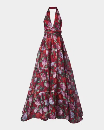 Carolina Herrera Halter Neck Tiered Floral Silk Gown In Multi
