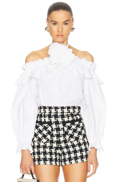 Carolina Herrera Halterneck Ruffled Top Floral Embellishment In White