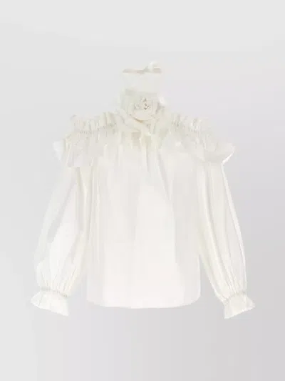 Carolina Herrera Halterneck Ruffled Top Floral Embellishment In White