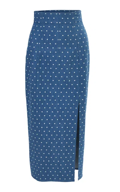 Carolina Herrera High-rise Dot-print Denim Midi Skirt In Blue