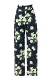Carolina Herrera High-rise Painted Rose Cotton Wide-leg Pants In Blue
