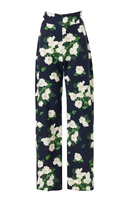 Carolina Herrera High-rise Painted Rose Cotton Wide-leg Pants In Blue