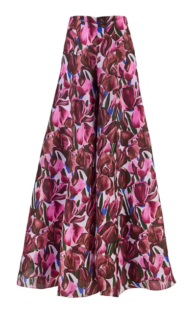 Carolina Herrera High-rise Iris Print Silk Gazar Wide-leg Pants In Purple