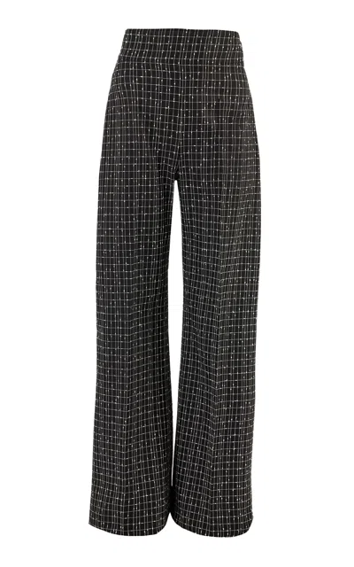 Carolina Herrera High-rise Slub Yarn Check Tailoring Wide-leg Pants In Black