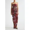 Carolina Herrera Hydrangea Print Strapless Ruched Silk Chiffon Gown In Multi