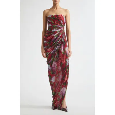 Carolina Herrera Hydrangea Print Strapless Ruched Silk Chiffon Gown In Multi