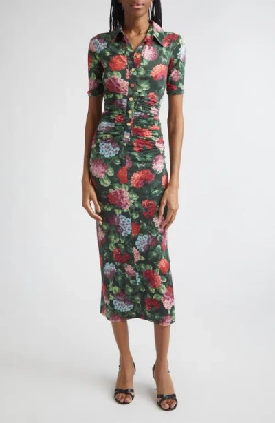 Carolina Herrera Hydrangea Ruched Jersey Polo Midi Dress In Multi