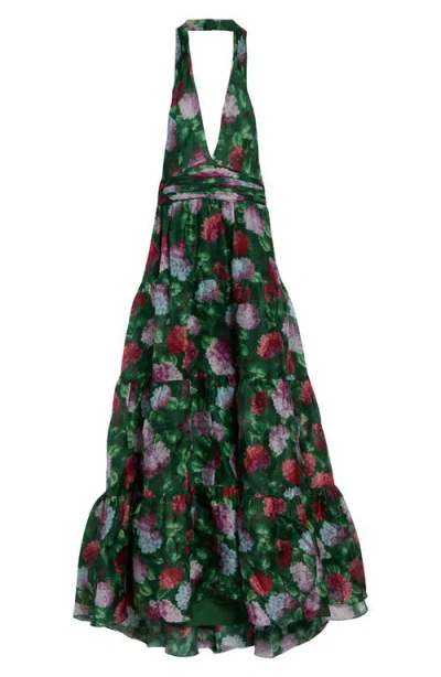 Carolina Herrera Hydrangea Tiered Silk Halter Neck Gown In Multi