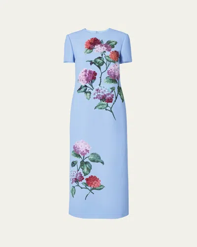 Carolina Herrera Hydrangea-print Crepe Short-sleeve Ankle Dress In Blue