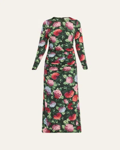 Carolina Herrera Hydrangea-print Ruched Jersey Long-sleeve Midi Dress In Multi