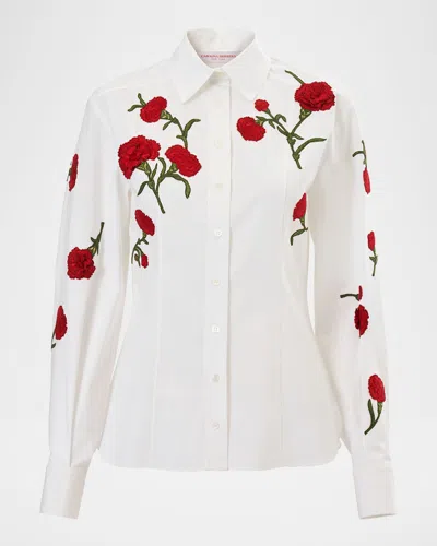 Carolina Herrera Isabella Rose Embroidered Stretch Poplin Button-up Shirt In White