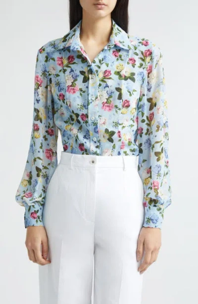 Carolina Herrera Isabella Garden Floral-print Silk-chiiffon Blouse In Blue