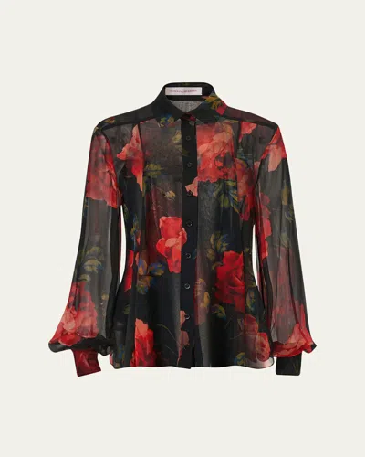 Carolina Herrera Isabella Rose Silk Organza Button-down Top In Black