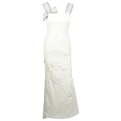 Pre-owned Carolina Herrera Ivory Cotton/linen And Silk Applique Gown - 6 In White