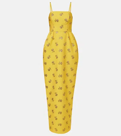 Carolina Herrera Pleated Floral-jacquard Lurex-trimmed Crepe Gown In Yellow