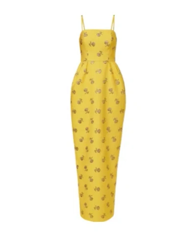 Carolina Herrera Pleated Floral-jacquard Lurex-trimmed Crepe Gown In Yellow