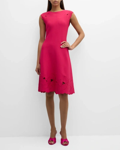 Carolina Herrera Knit Flare Dress With Floral Embroidery In Begonia