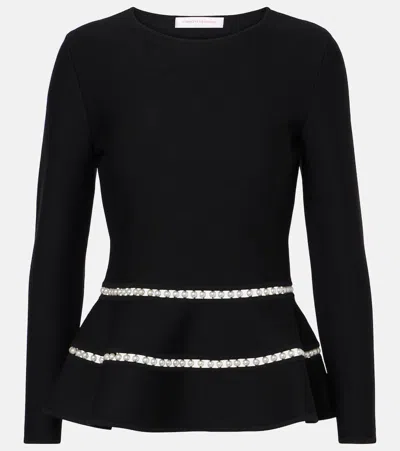 Carolina Herrera Knitted Faux Pearl-embellished Wool-blend Top In Black