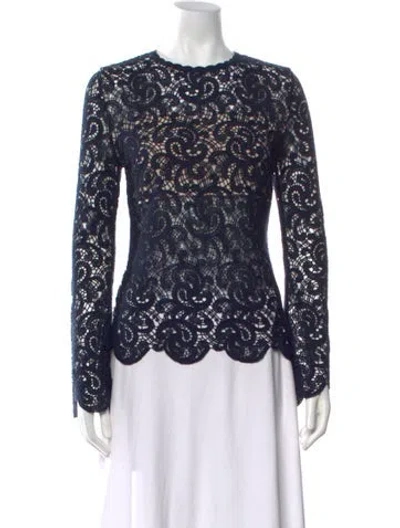 Pre-owned Carolina Herrera Lace Pattern Crew Neck Blouse In Blue