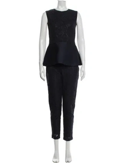 Pre-owned Carolina Herrera Lace Pattern Lace Trim Embellishment Pant Set In Blue