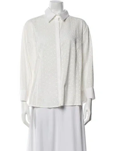 Pre-owned Carolina Herrera Lace Pattern Three-quarter Sleeve Button-up Top In White