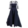 Carolina Herrera Lace Sleeve Ballgown In Navy Blue Silk In Blue