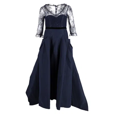 Carolina Herrera Lace Sleeve Ballgown In Navy Blue Silk