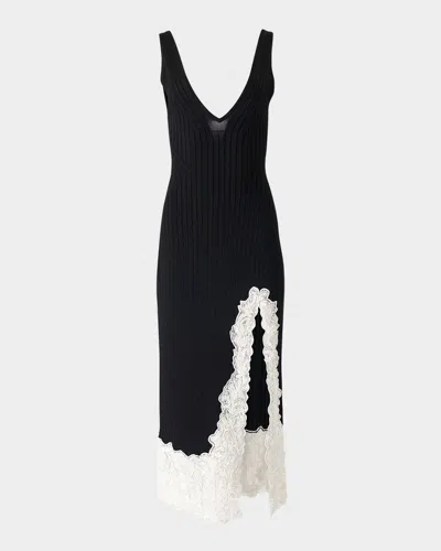 Carolina Herrera Lace-slit Rib Slip Dress In Blackwhite