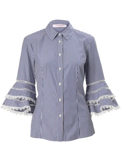 Carolina Herrera Stripe Tiered Ruffle Sleeve Button Down Top In White