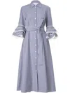 Carolina Herrera Stripe Tiered Ruffle Sleeve Belted Poplin Shirtdress In Multi