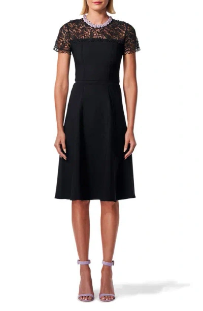 CAROLINA HERRERA LACE YOKE KNIT FIT & FLARE DRESS