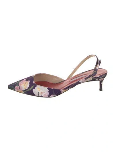 Pre-owned Carolina Herrera Leather Floral Print Slingback Flats W/ Tags In Purple