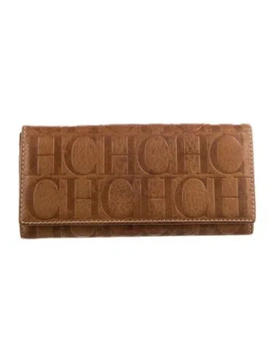 Pre-owned Carolina Herrera Leather Printed Continental Wallet In Brown